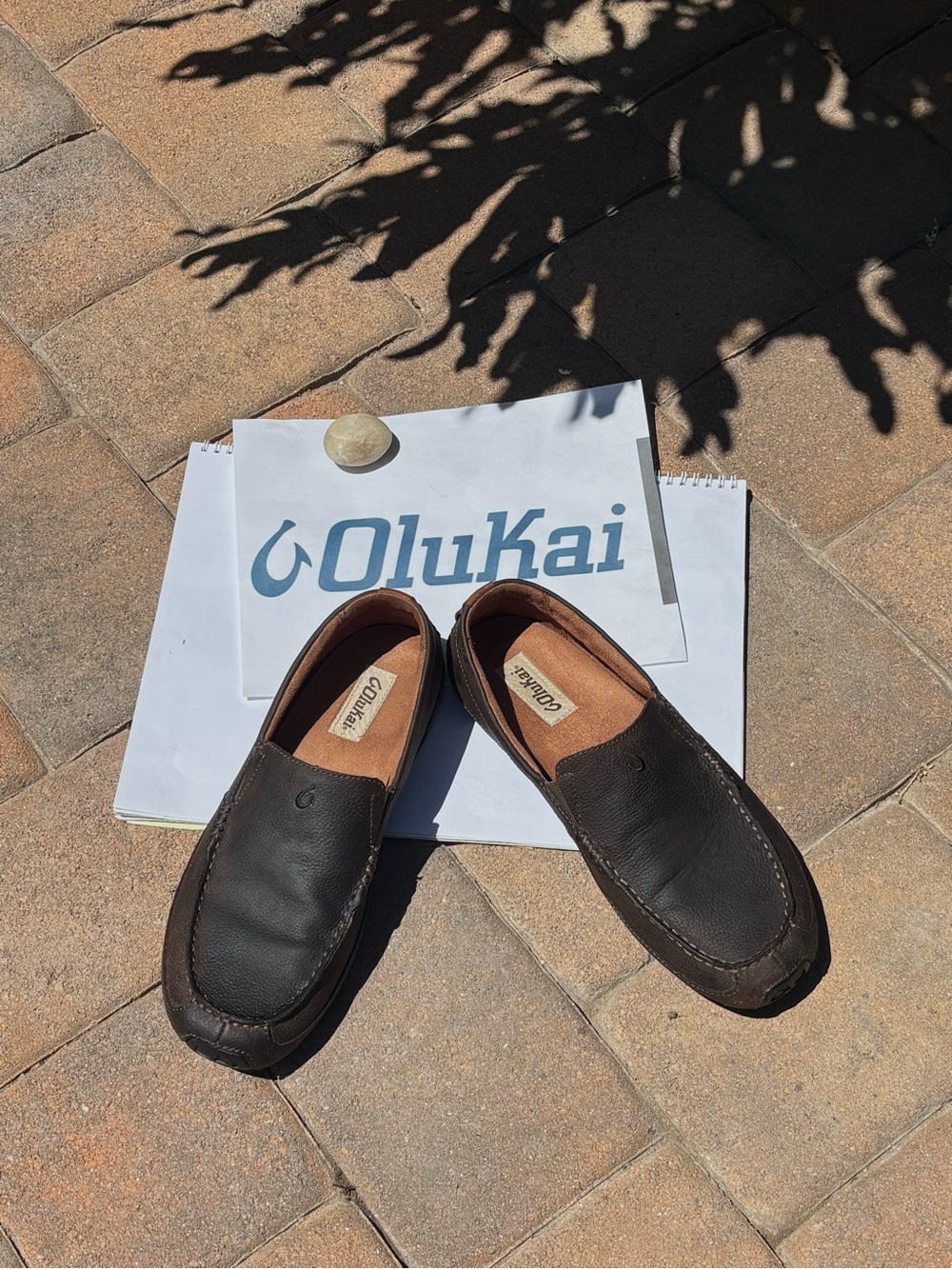OluKai Men's Dark Brown Leather Slip-On Loafers 10.5